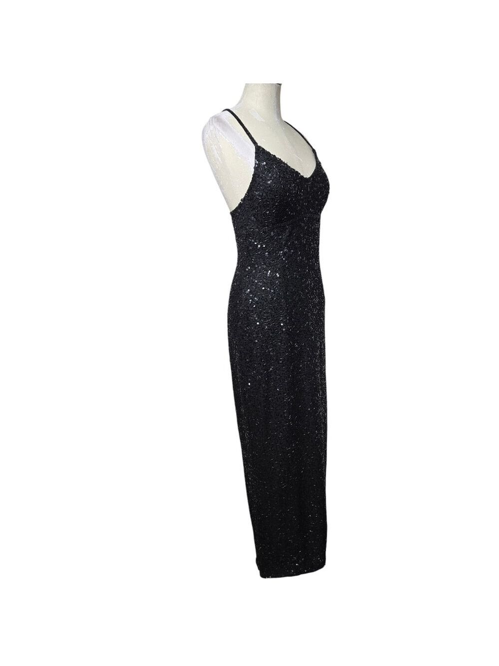 Scala Black Sequin Beaded V Neck Maxi Front Zip Vintage Silk Slit Maxi Dress M - Picture 4 of 12